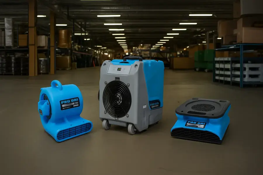 Air movers and a dehumidifier staged for a large drying job near Federal Way