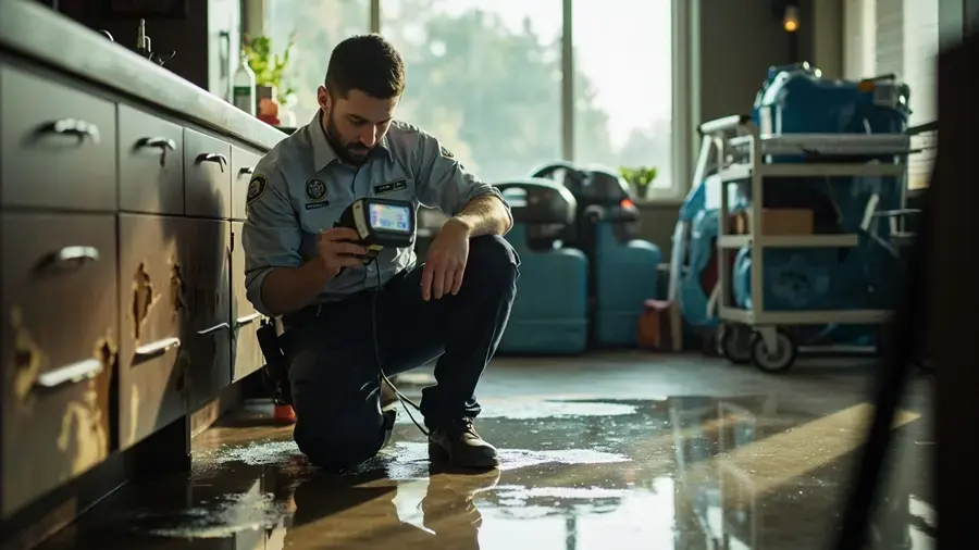 Technician taking a moisture reading on a wet kitchen floor in Federal Way