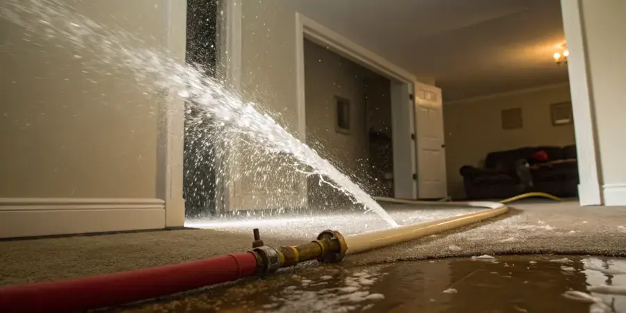 Water spraying from a burst line onto carpet inside a Federal Way home