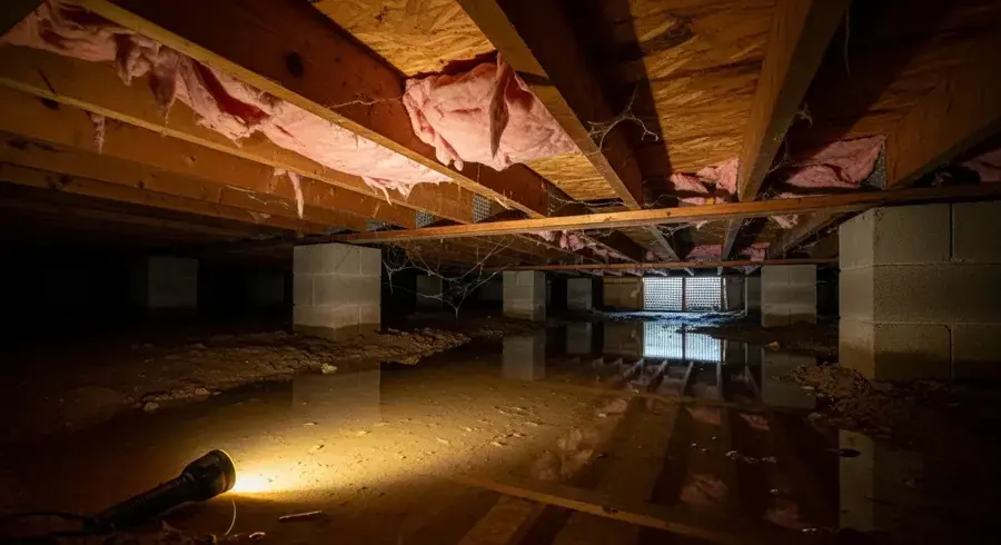Standing water under the floor joists of a flooded crawl space in Federal Way