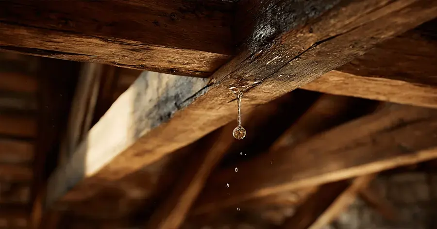 Rainwater dripping from a stained attic rafter under a leaking roof in Federal Way