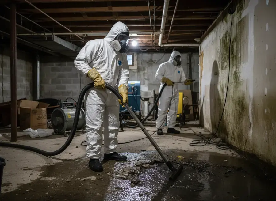 Technicians in protective suits extracting a sewage backup in a Federal Way lower level