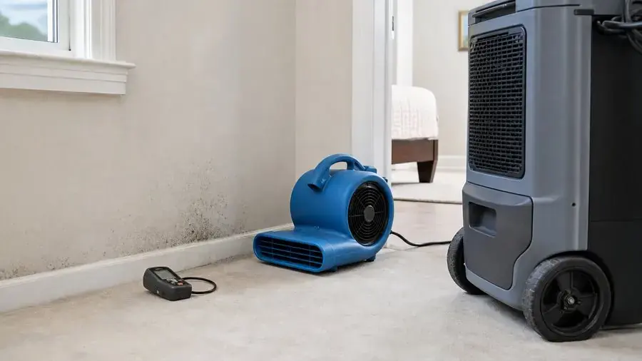 Air mover and dehumidifier drying a wall and floor in a Federal Way room