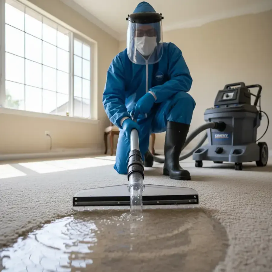 Extraction wand pulling standing water out of wet carpet in a Federal Way home