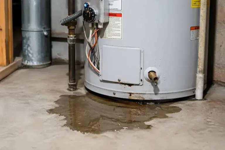 Water pooling under a failed water heater tank in a Federal Way utility area